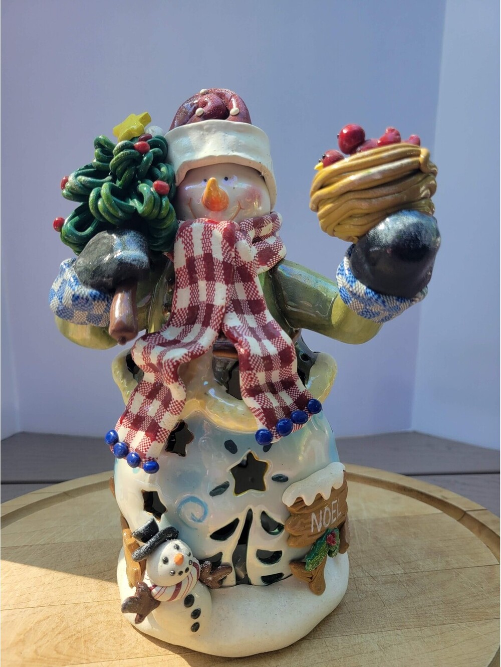 Ceramic Snowman Christmas Candle Holder Noel Tree Birds Whimsical Cute Decor